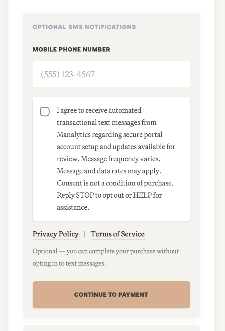 Close view of optional SMS notifications with phone number field and unchecked consent checkbox